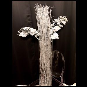 Tall metallic silver sparkly stems & orchid decor